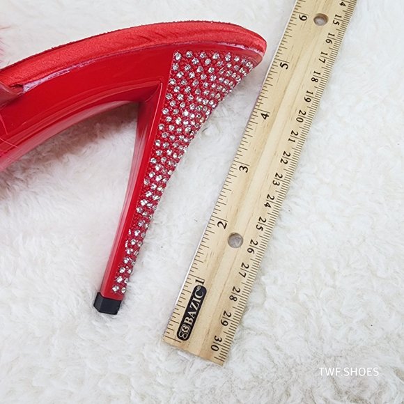 Your Majesty Red Marabou Feather Rhinestone Platform Slip On Slides - Picture 4 of 10
